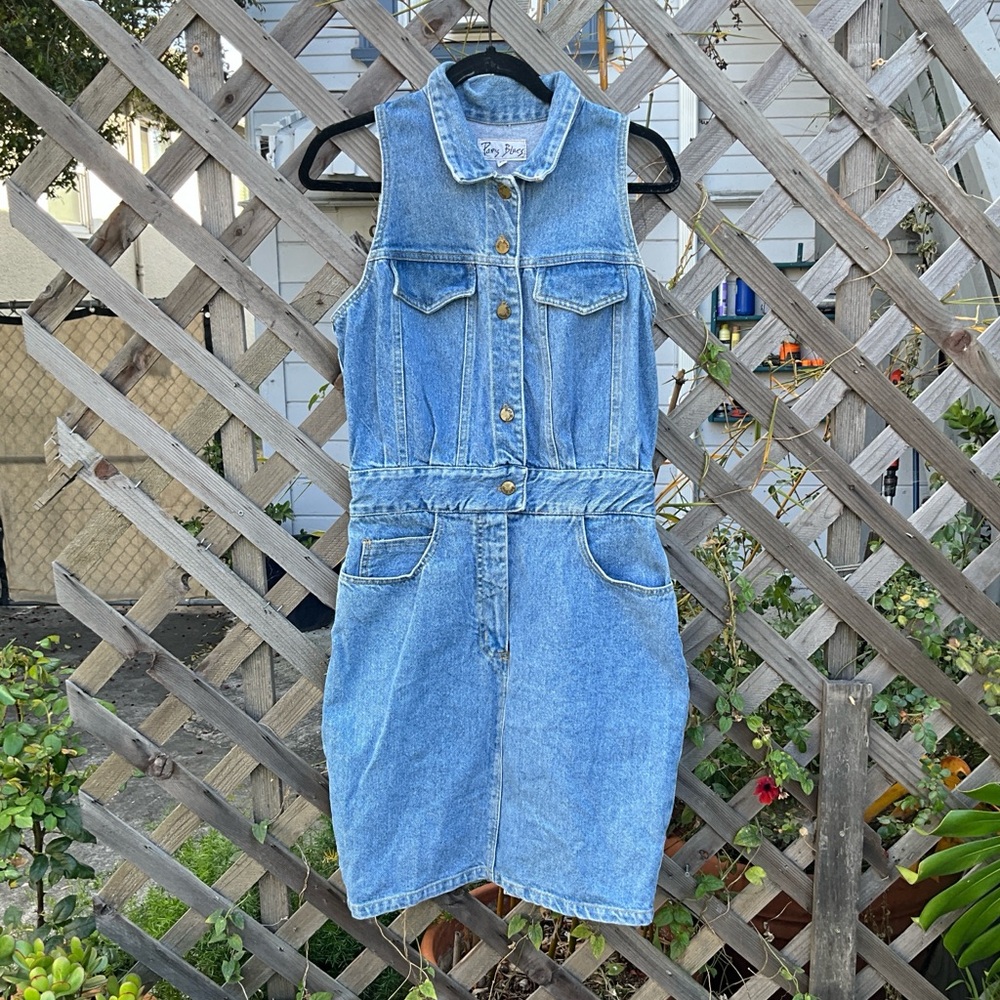 Vintage 90s Paris Blues Sleeveless Button Front Denim Dress